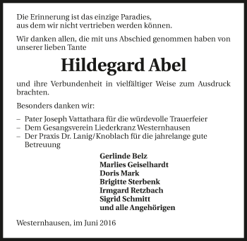 Traueranzeige von Hildegard Abel 