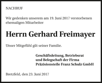 Traueranzeige von Gerhard Freimayer 