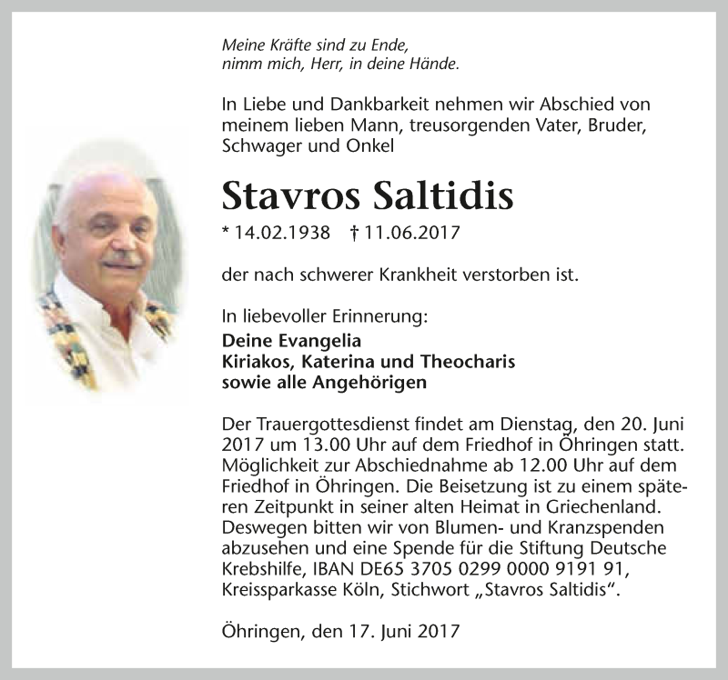  Traueranzeige für Stavros Saltidis vom 17.06.2017 aus 