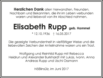 Traueranzeige von Elisabeth Rupp 