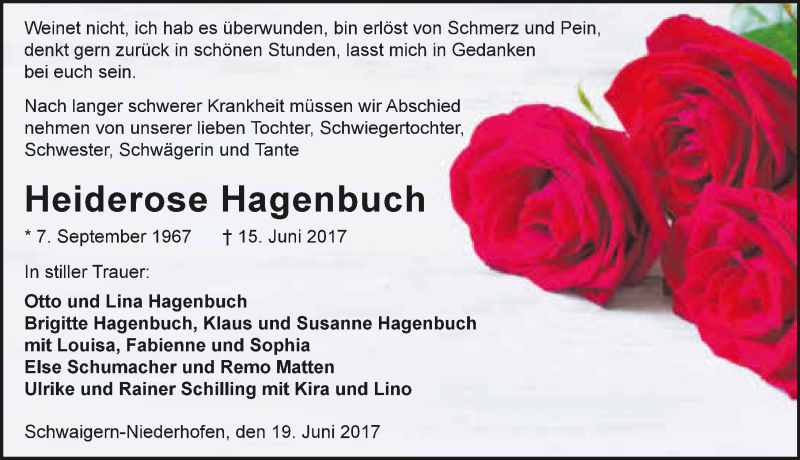  Traueranzeige für Heiderose Hagenbuch vom 19.06.2017 aus 
