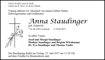 Traueranzeige von Anna Staudinger 