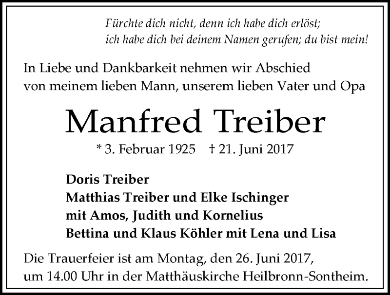  Traueranzeige für Manfred Treiber vom 23.06.2017 aus 