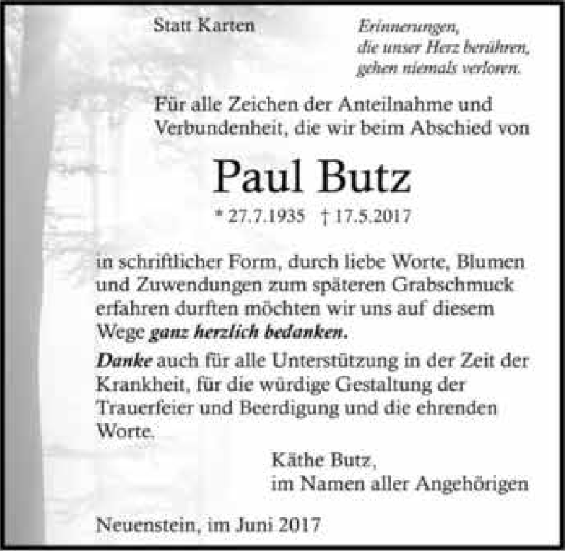  Traueranzeige für Paul Butz vom 27.06.2017 aus 
