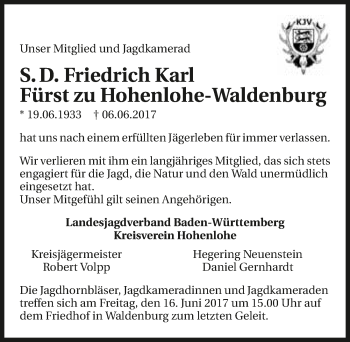 Traueranzeige von S. D. Friedrich Karl Fürst zu Hohenlohe-Waldenburg 