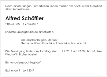 Traueranzeige von Alfred Schöffler 