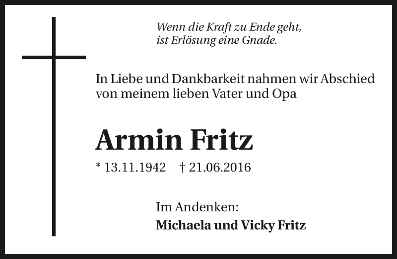  Traueranzeige für Armin Fritz vom 21.06.2017 aus 