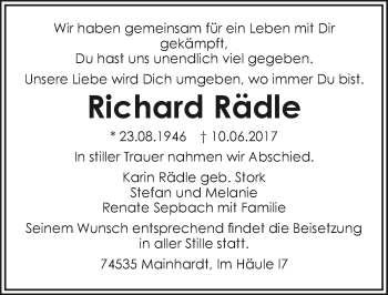 Traueranzeige von Richard Rädle 