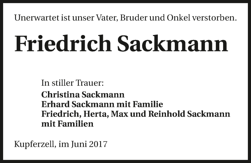  Traueranzeige für Friedrich Sackmann vom 19.06.2017 aus 