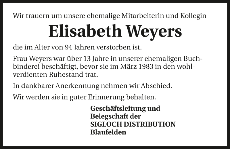  Traueranzeige für Elisabeth Weyers vom 23.06.2017 aus 