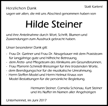 Traueranzeige von Hilda Steiner 