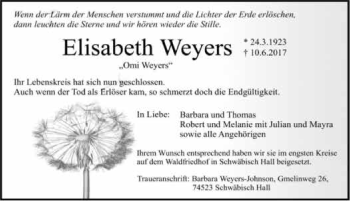 Traueranzeige von Elisabeth Weyers 