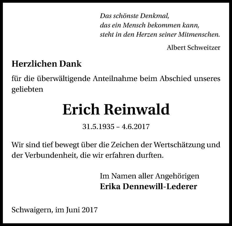  Traueranzeige für Erich Reinwald vom 24.06.2017 aus 