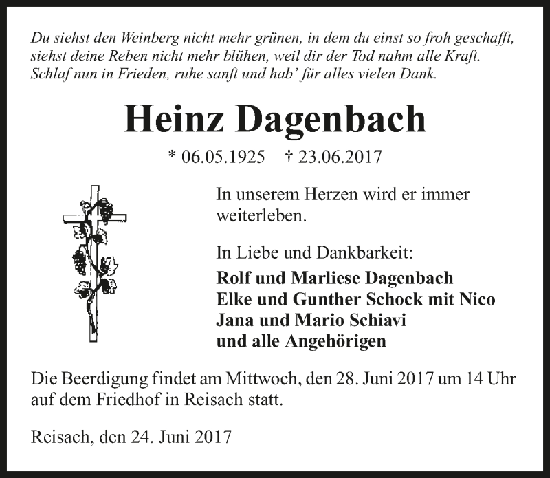  Traueranzeige für Heinz Dagenbach vom 24.06.2017 aus 