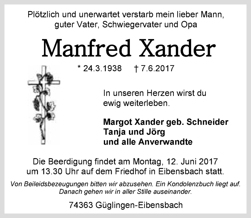  Traueranzeige für Manfred Xander vom 08.06.2017 aus 