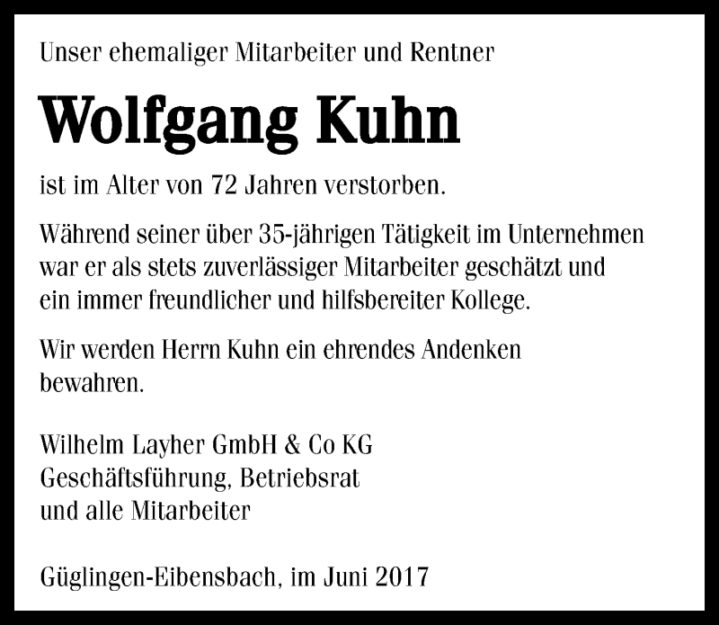  Traueranzeige für Wolfgang Kuhn vom 08.06.2017 aus 