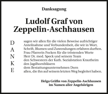 Traueranzeige von Ludolf Graf von Zeppelin-Aschhausen 