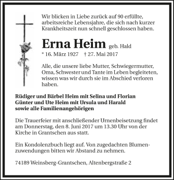 Traueranzeige von Erna Heim 