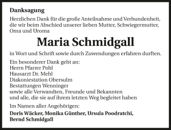 Traueranzeige von Maria Schmidgall 