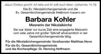 Traueranzeige von Barbara Kohler 