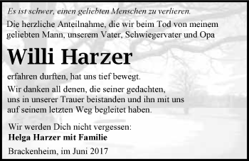 Traueranzeige von Willi Harzer 
