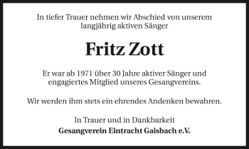 Traueranzeige von Fritz Zott 