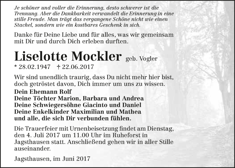  Traueranzeige für Liselotte Mockler vom 29.06.2017 aus 