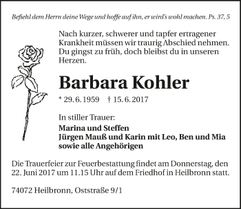 Traueranzeige von Barbara Kohler 