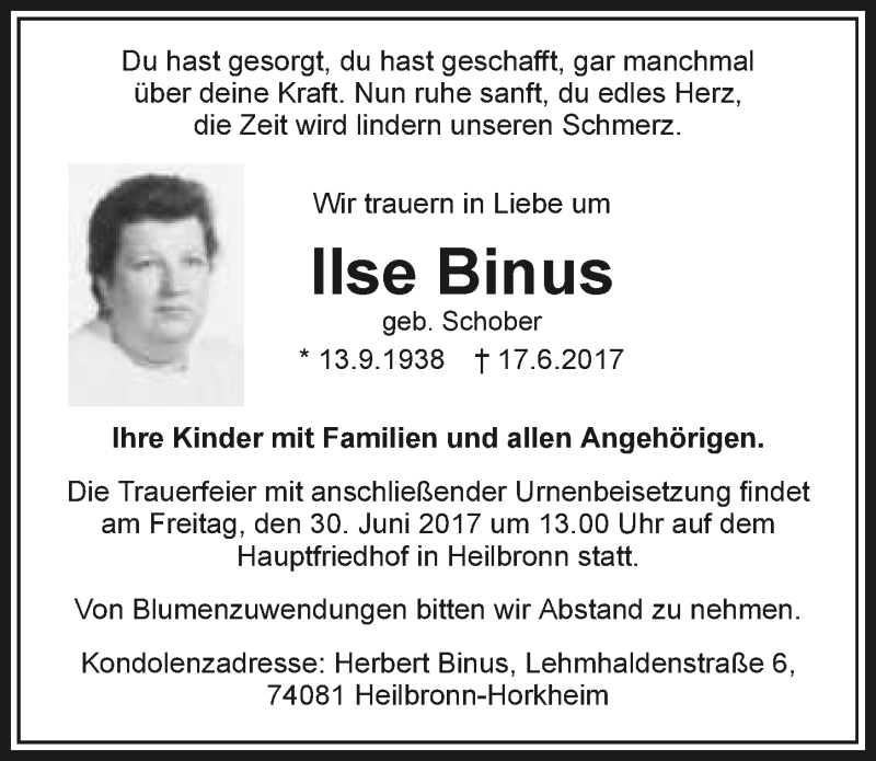  Traueranzeige für Ilse Binus vom 20.06.2017 aus 