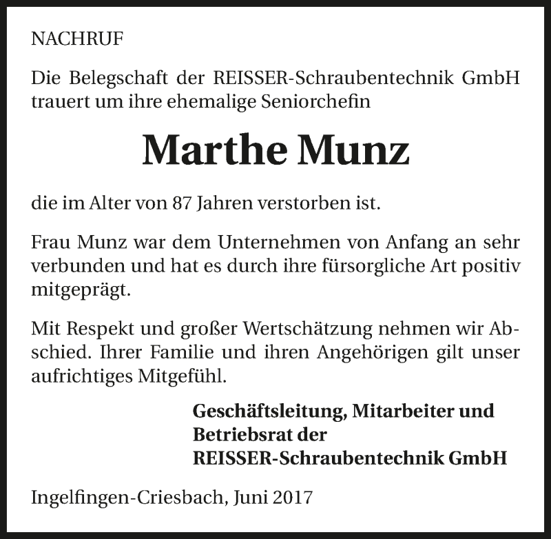  Traueranzeige für Marthe Munz vom 03.06.2017 aus 