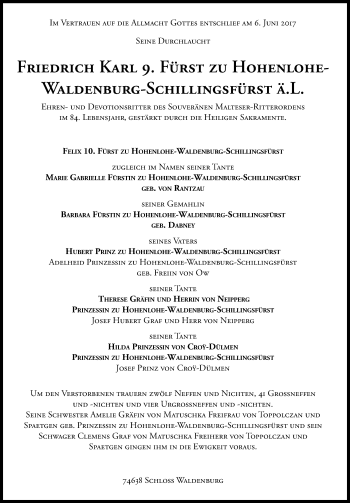 Traueranzeige von Friedrich Karl Fürst zu Hohenlohe-Waldenburg-Schillingsfürst  