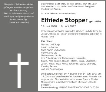 Traueranzeige von Elfriede Stopper 