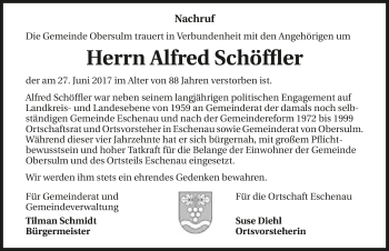 Traueranzeige von Alfred Schöffler 