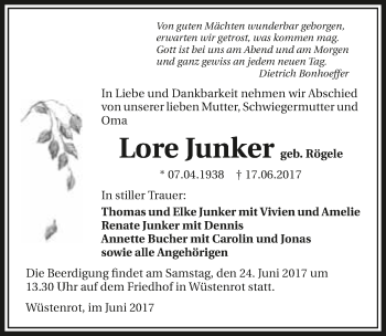 Traueranzeige von Lore Junker 