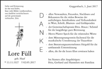 Traueranzeige von Lore Füll 