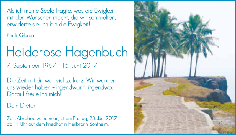  Traueranzeige für Heiderose Hagenbuch vom 19.06.2017 aus 