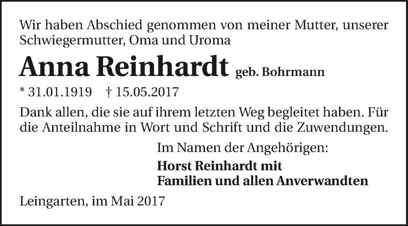  Traueranzeige für Anna Reinhardt vom 02.06.2017 aus 