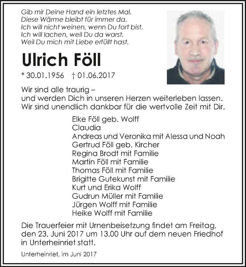  Traueranzeige für Ulrich Föll vom 19.06.2017 aus 