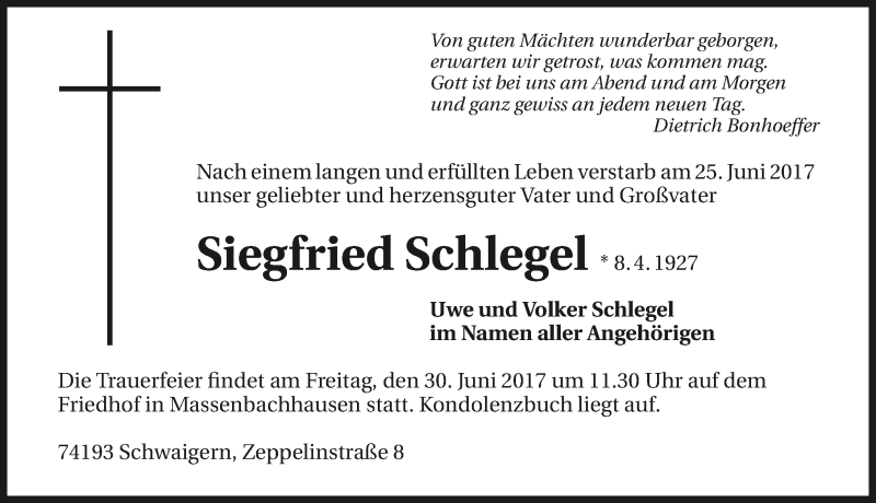  Traueranzeige für Siegfried Schlegel vom 27.06.2017 aus 