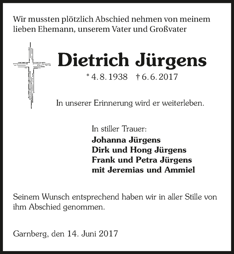  Traueranzeige für Dietrich Jürgens vom 14.06.2017 aus 