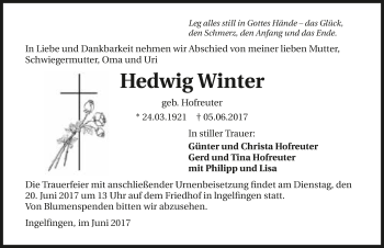 Traueranzeige von Hedwig Winter 