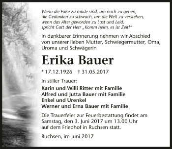 Traueranzeige von Erika Bauer 
