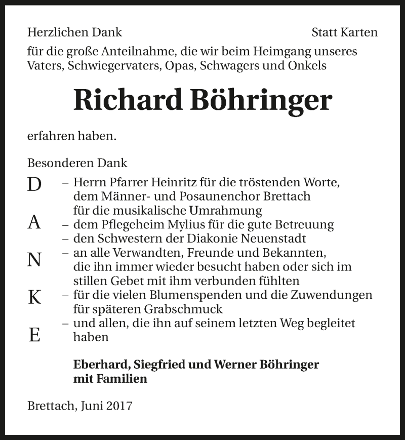  Traueranzeige für Richard Böhringer vom 10.06.2017 aus 
