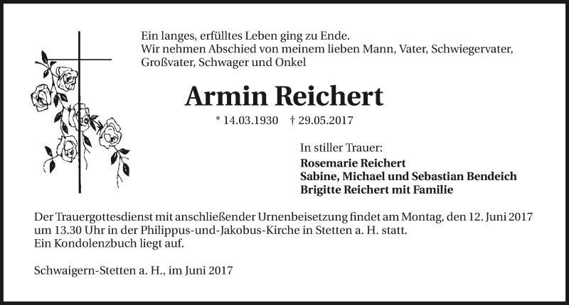  Traueranzeige für Armin Reichert vom 03.06.2017 aus 