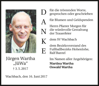 Traueranzeige von Jürgen Wartha 