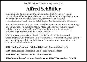 Traueranzeige von Alfred Schöffler 