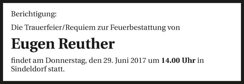  Traueranzeige für Eugen Reuther vom 29.06.2017 aus 