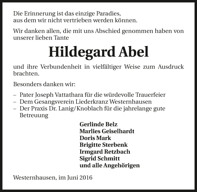 Traueranzeige für Hildegard Abel vom 17.06.2017 aus 