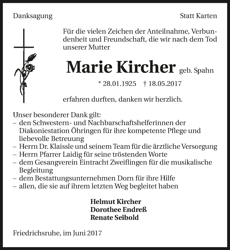  Traueranzeige für Marie Kircher vom 10.06.2017 aus 