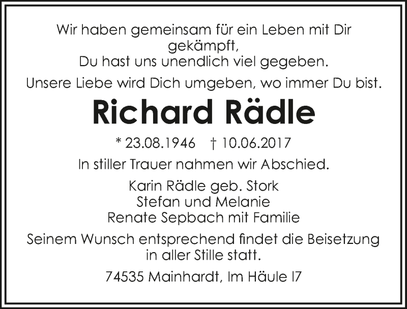  Traueranzeige für Richard Rädle vom 13.06.2017 aus 